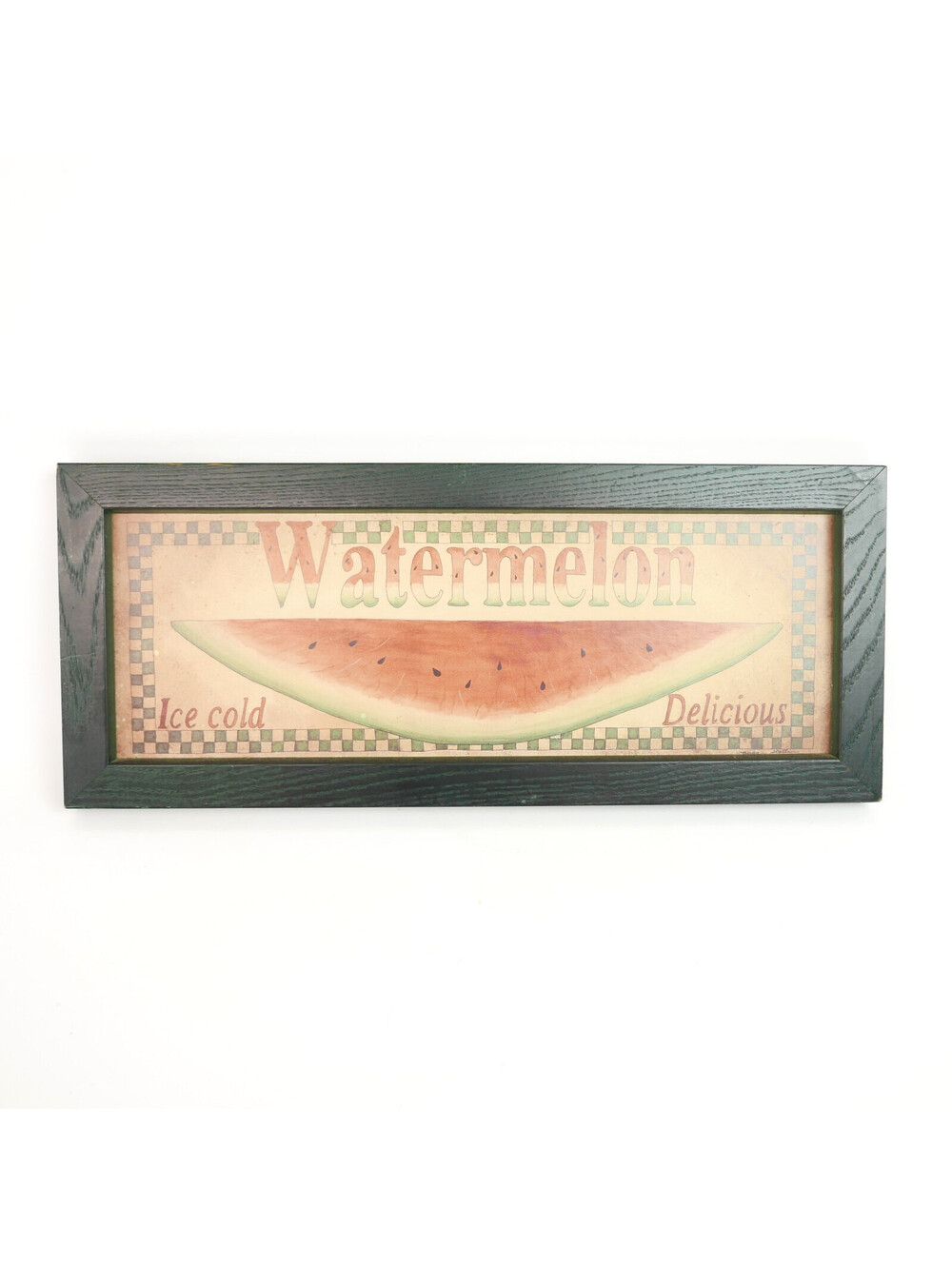 Vintage Watermelon Ice Cold Checkerboard Country Style Sign 17.5 x 7 Wood Frame